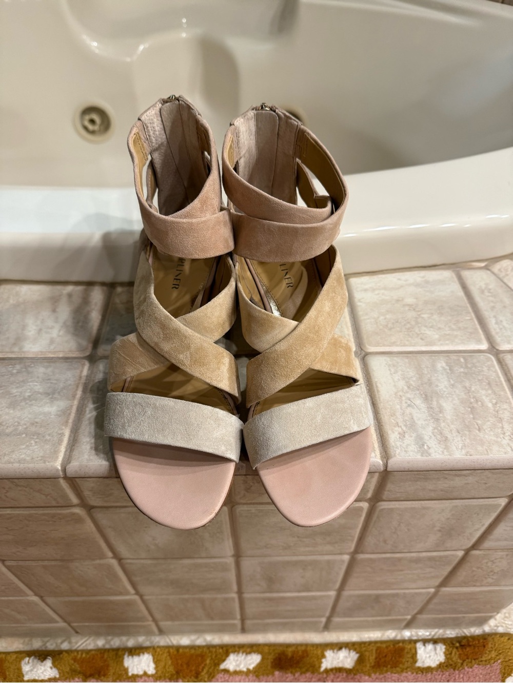 Donald J. Pliner Almond, Beige and Cream Kid Suede Strappy Sandals